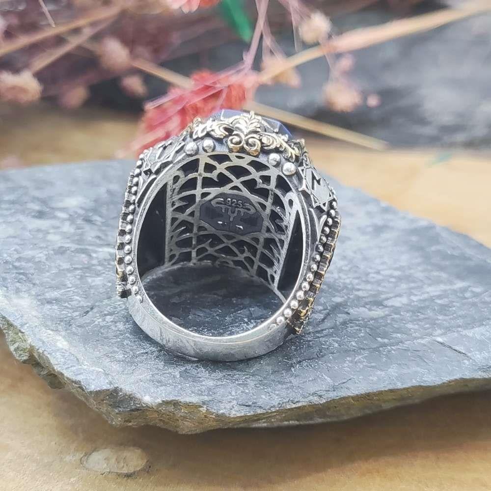 Mavi Taş Üzeri Süleyman Mührü Gümüş YüzükSeal of Solomon Ring
