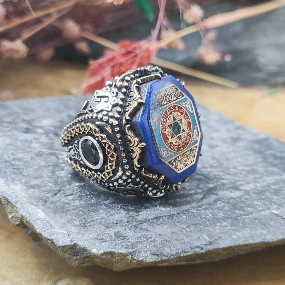 Mavi Taş Üzeri Süleyman Mührü Gümüş YüzükSeal of Solomon Ring