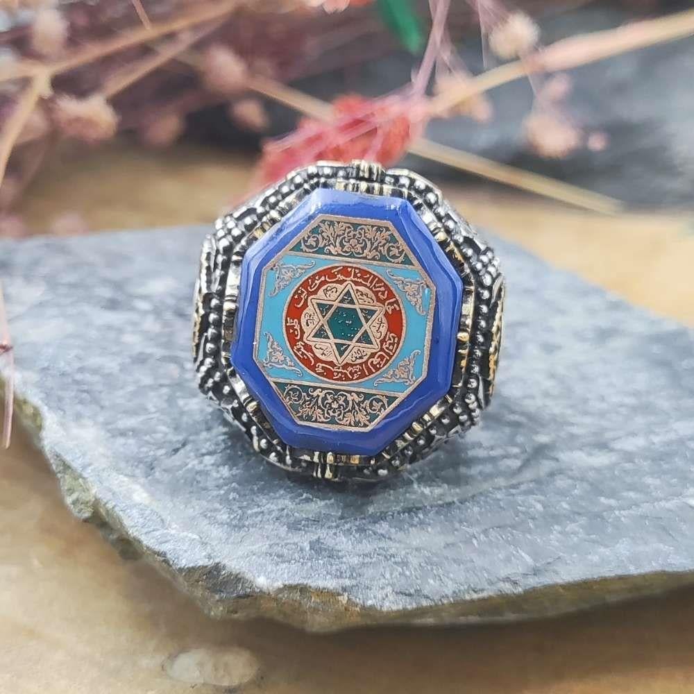 Mavi Taş Üzeri Süleyman Mührü Gümüş YüzükSeal of Solomon Ring