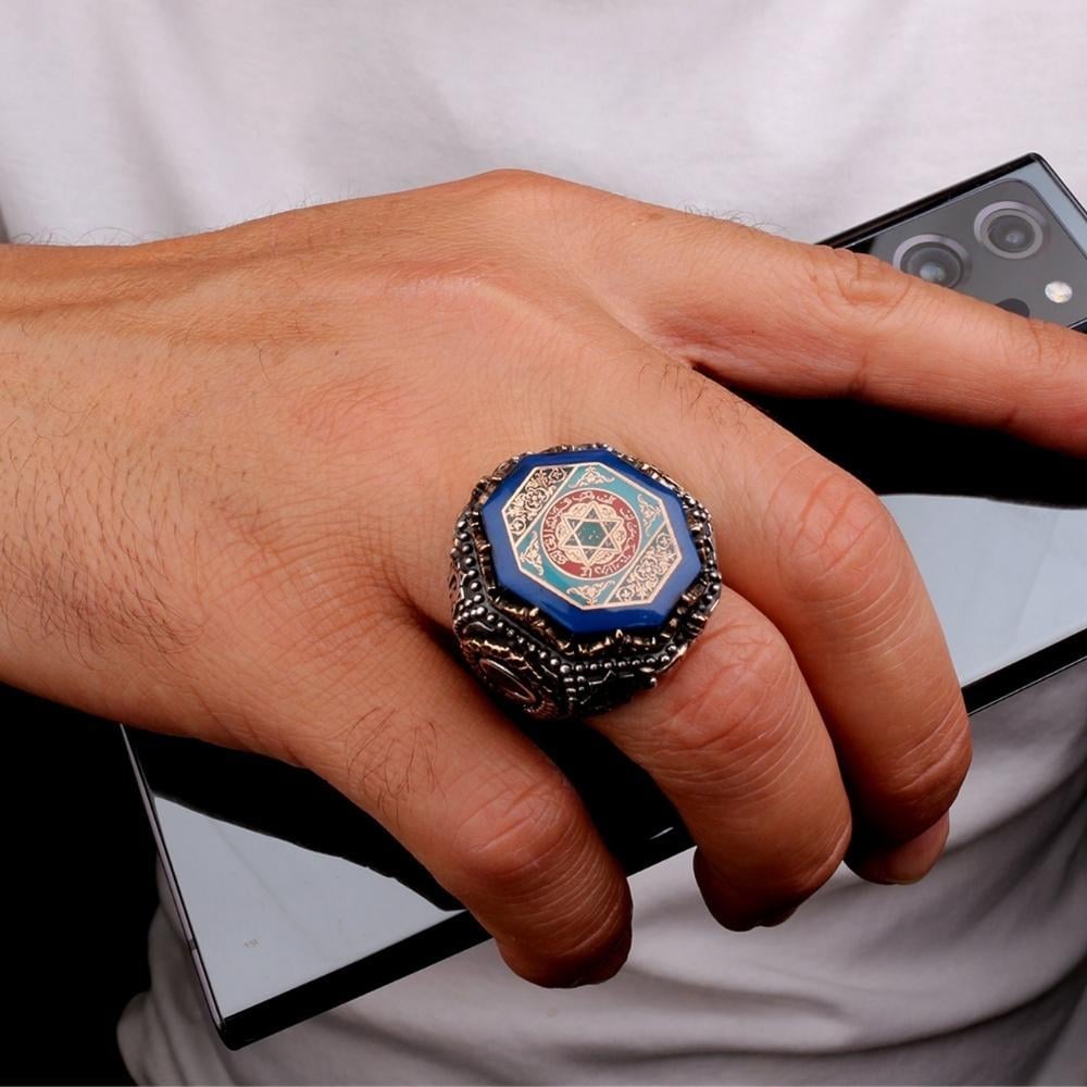 Mavi Taş Üzeri Süleyman Mührü Gümüş YüzükSeal of Solomon Ring