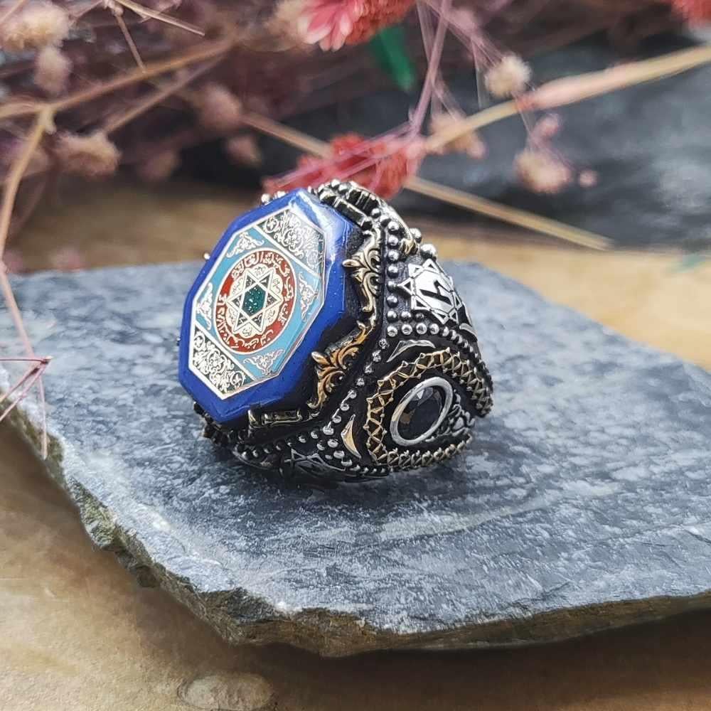 Mavi Taş Üzeri Süleyman Mührü Gümüş YüzükSeal of Solomon Ring