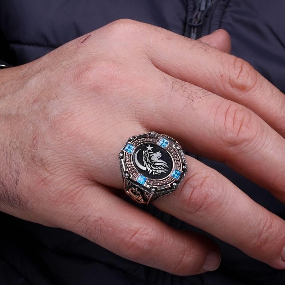 Mavi Taşlı Bozkurt Ay Yıldız Gümüş YüzükBozkurt Yüzükleri