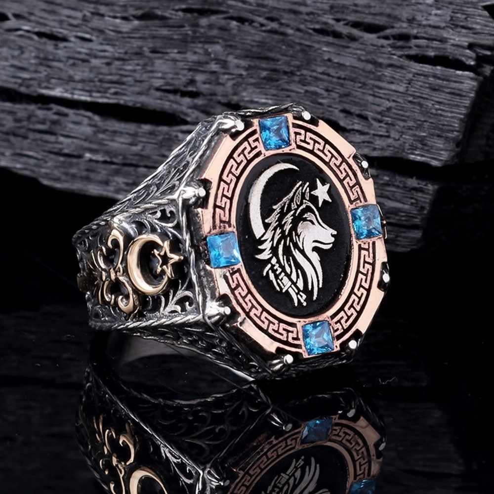 Mavi Taşlı Bozkurt Ay Yıldız Gümüş YüzükBozkurt Yüzükleri