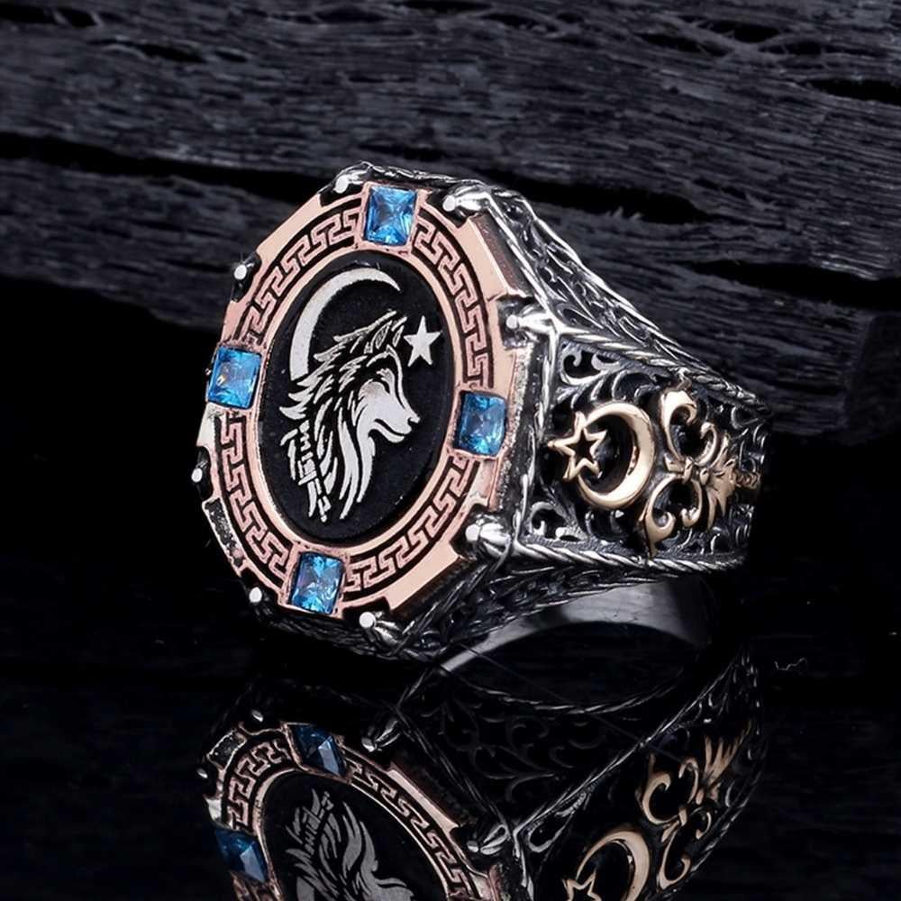 Mavi Taşlı Bozkurt Ay Yıldız Gümüş YüzükBozkurt Yüzükleri