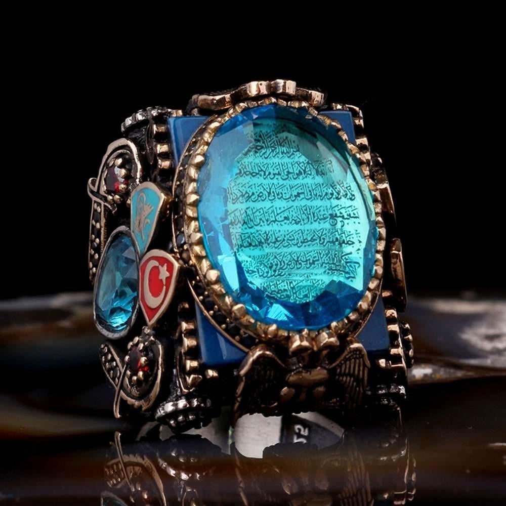Mavi Zirkon Taş İçerisi Ayetel Kürsi Gümüş YüzükAyetel Kürsi Yüzük