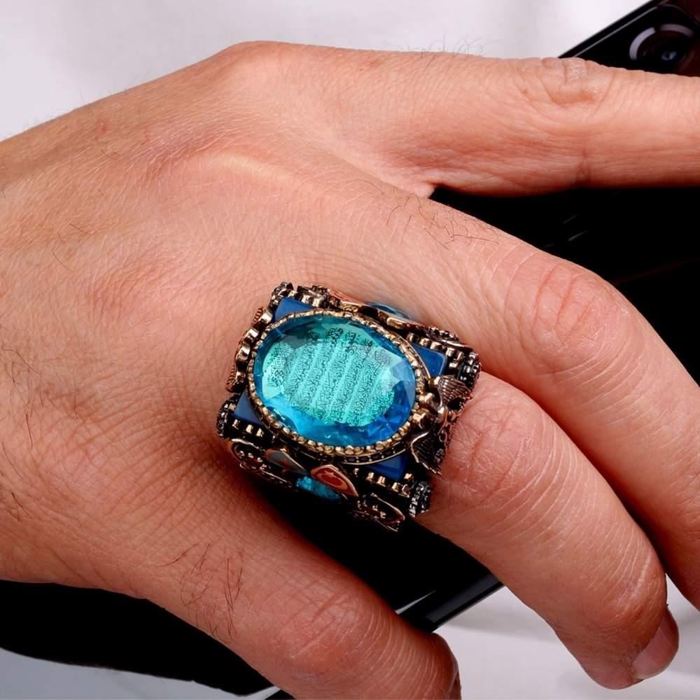 Mavi Zirkon Taş İçerisi Ayetel Kürsi Gümüş YüzükAyetel Kürsi Yüzük