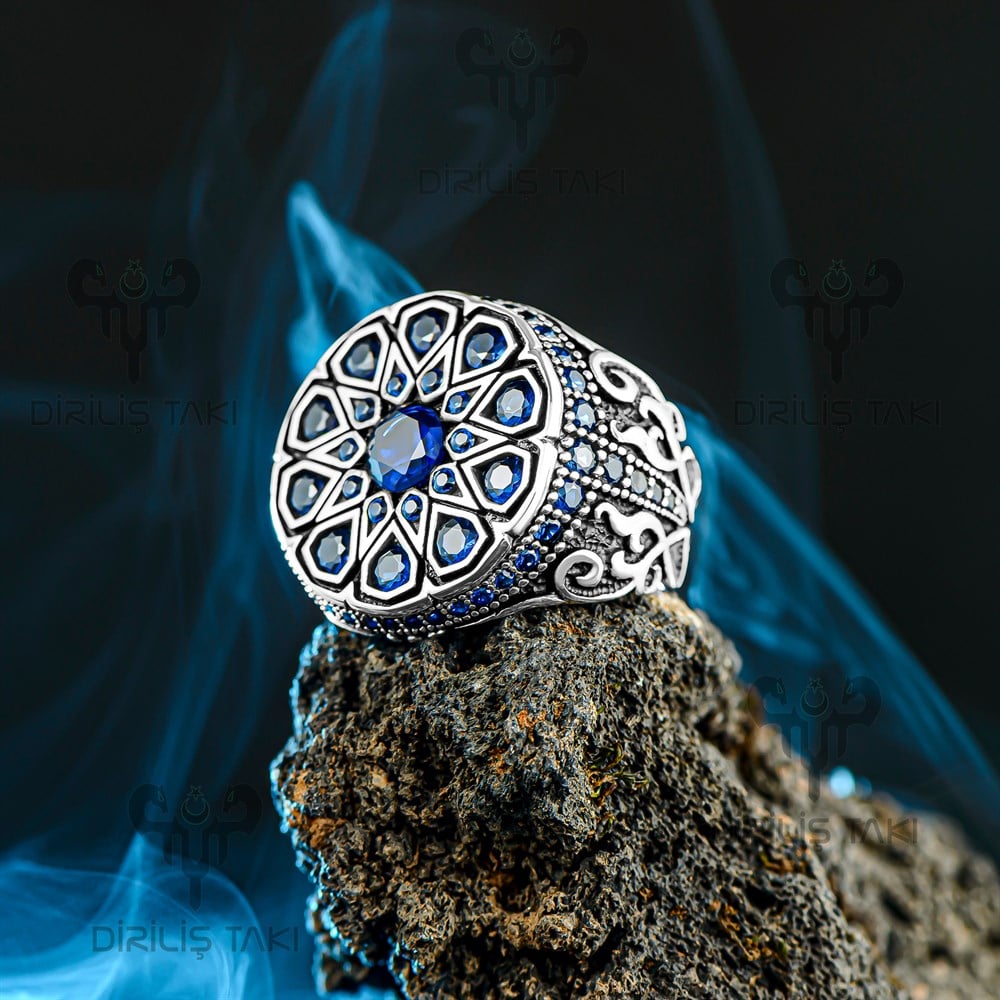 Mavi Zirkon Taş Süslemeli Gümüş Erkek Yüzük