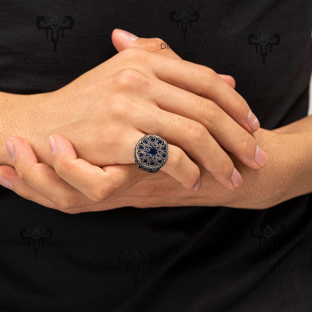 Mavi Zirkon Taş Süslemeli Gümüş Erkek Yüzük