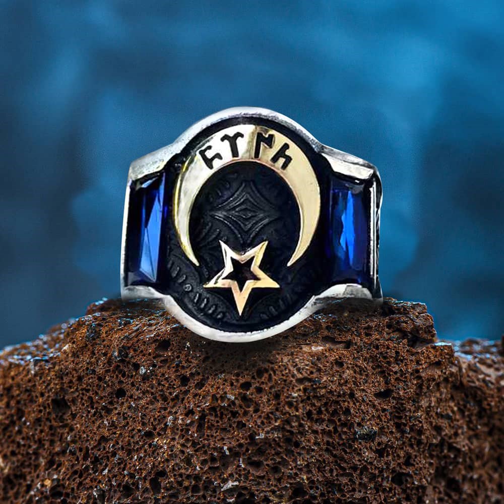 Mavi Zirkon Taşlı Ay Yıldız Motifli Gümüş Erkek Yüzük