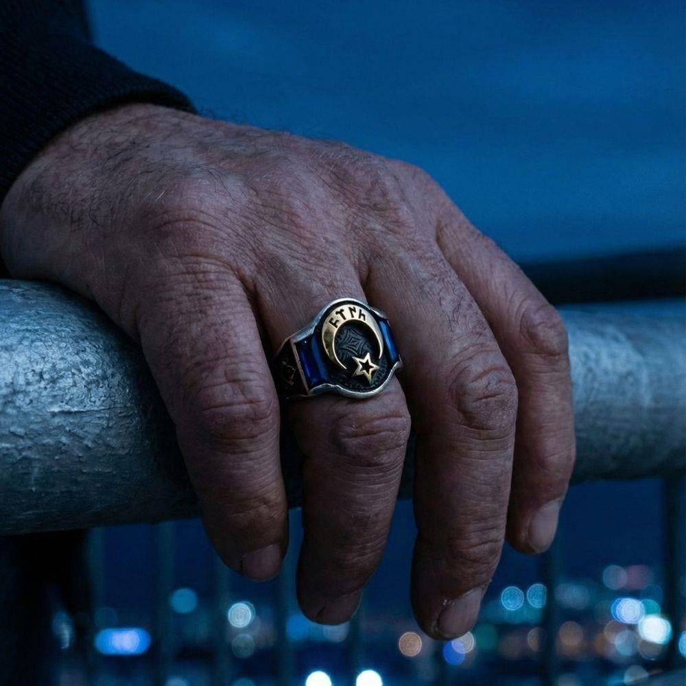 Mavi Zirkon Taşlı Ay Yıldız Motifli Gümüş Erkek YüzükAy Yıldız Yüzük