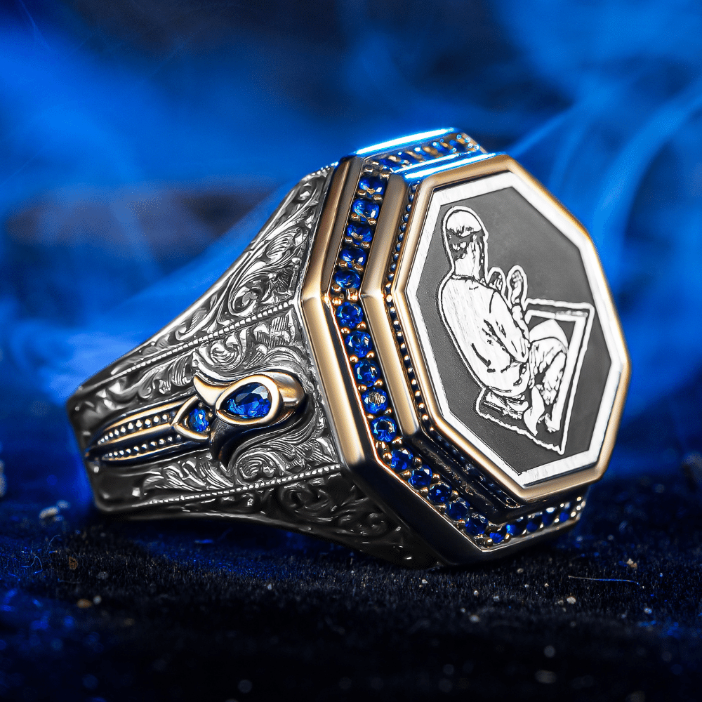 Mavi Zirkon Taşlı Namaz İşlemeli Gümüş Yüzük