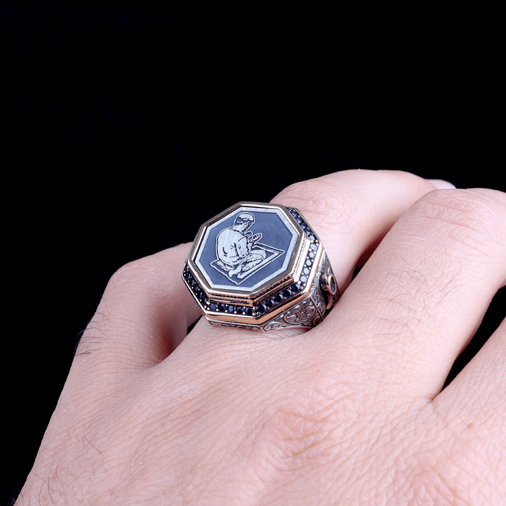 Mavi Zirkon Taşlı Namaz İşlemeli Gümüş Yüzük