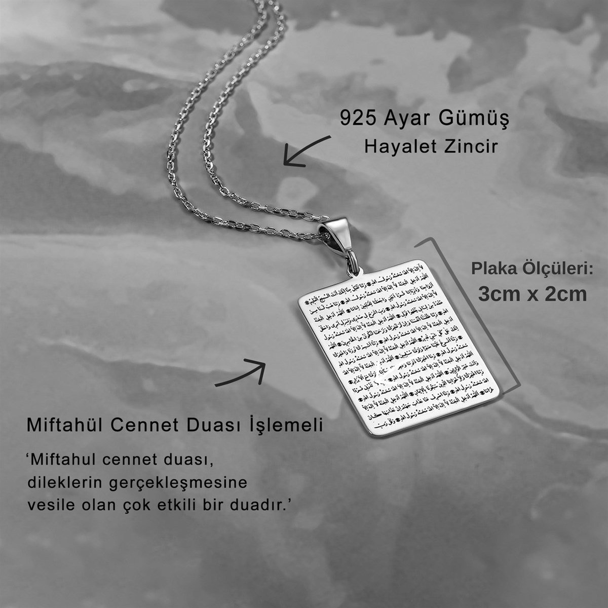 Miftahül Cennet Duası İşlemeli Gümüş Kolye