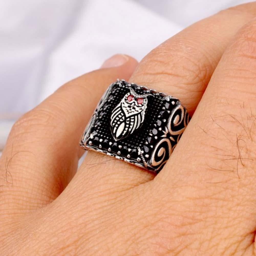 Mikro Taş İşlemeli Başkuş Model Gümüş YüzükHayvan Figürlü Yüzükler