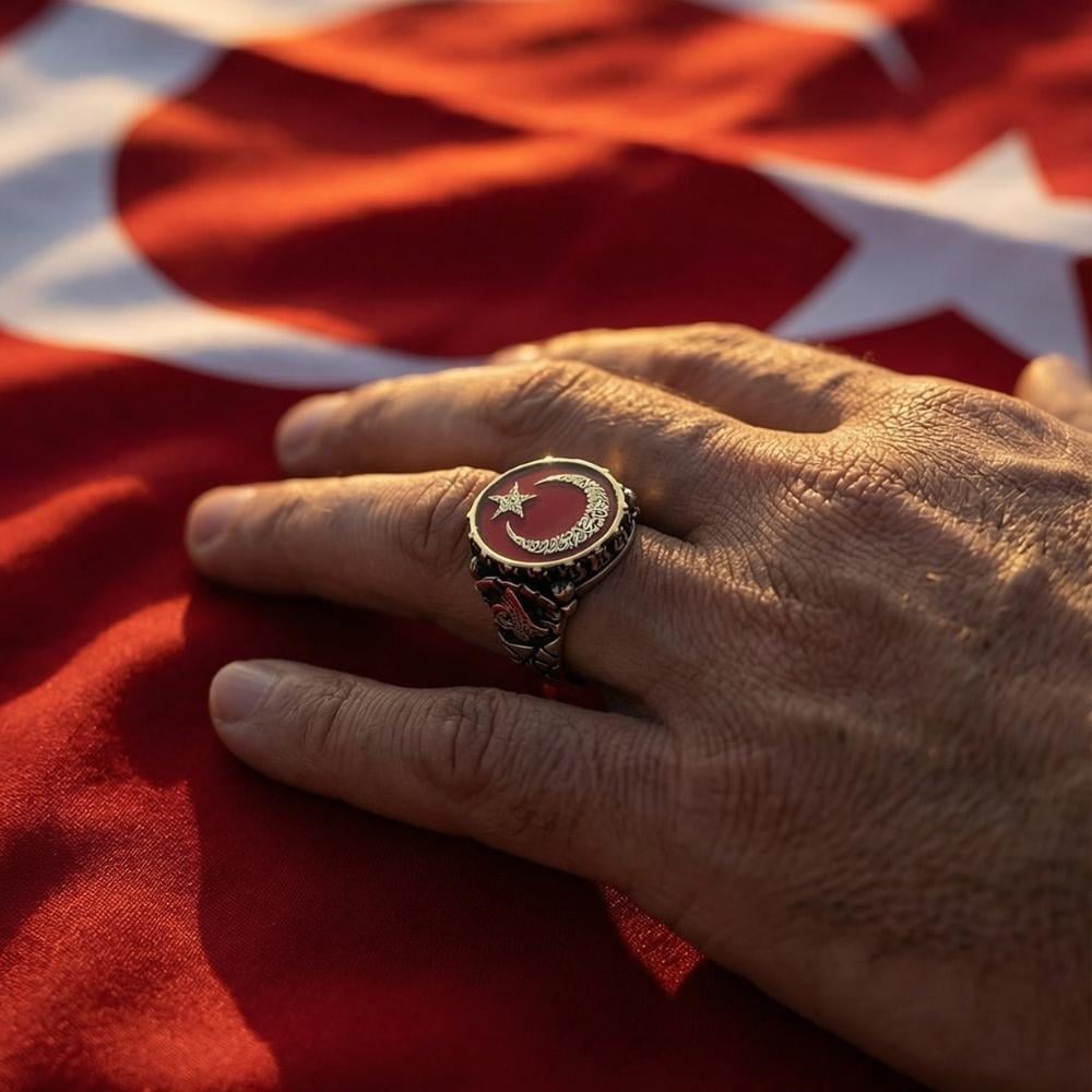 Mineli Ay Yıldız İçerisi Kelime-i Tevhid Yazılı Gümüş YüzükAy Yıldız Yüzükler