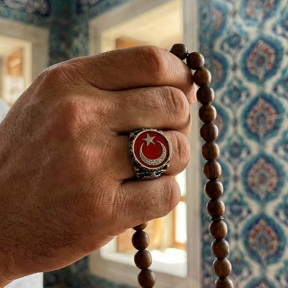 Mineli Ay Yıldız İçerisi Kelime-i Tevhid Yazılı Gümüş YüzükAy Yıldız Yüzükler