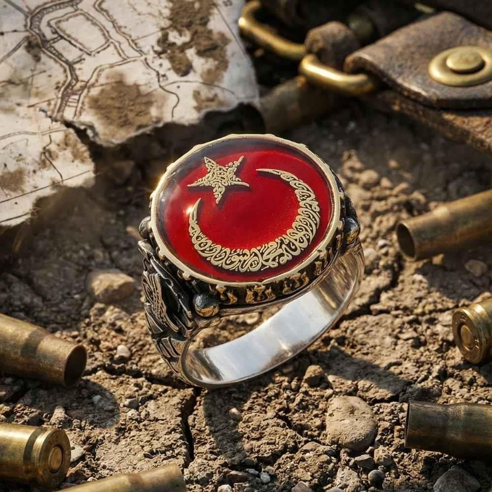 Mineli Ay Yıldız İçerisi Kelime-i Tevhid Yazılı Gümüş YüzükAy Yıldız Yüzükler