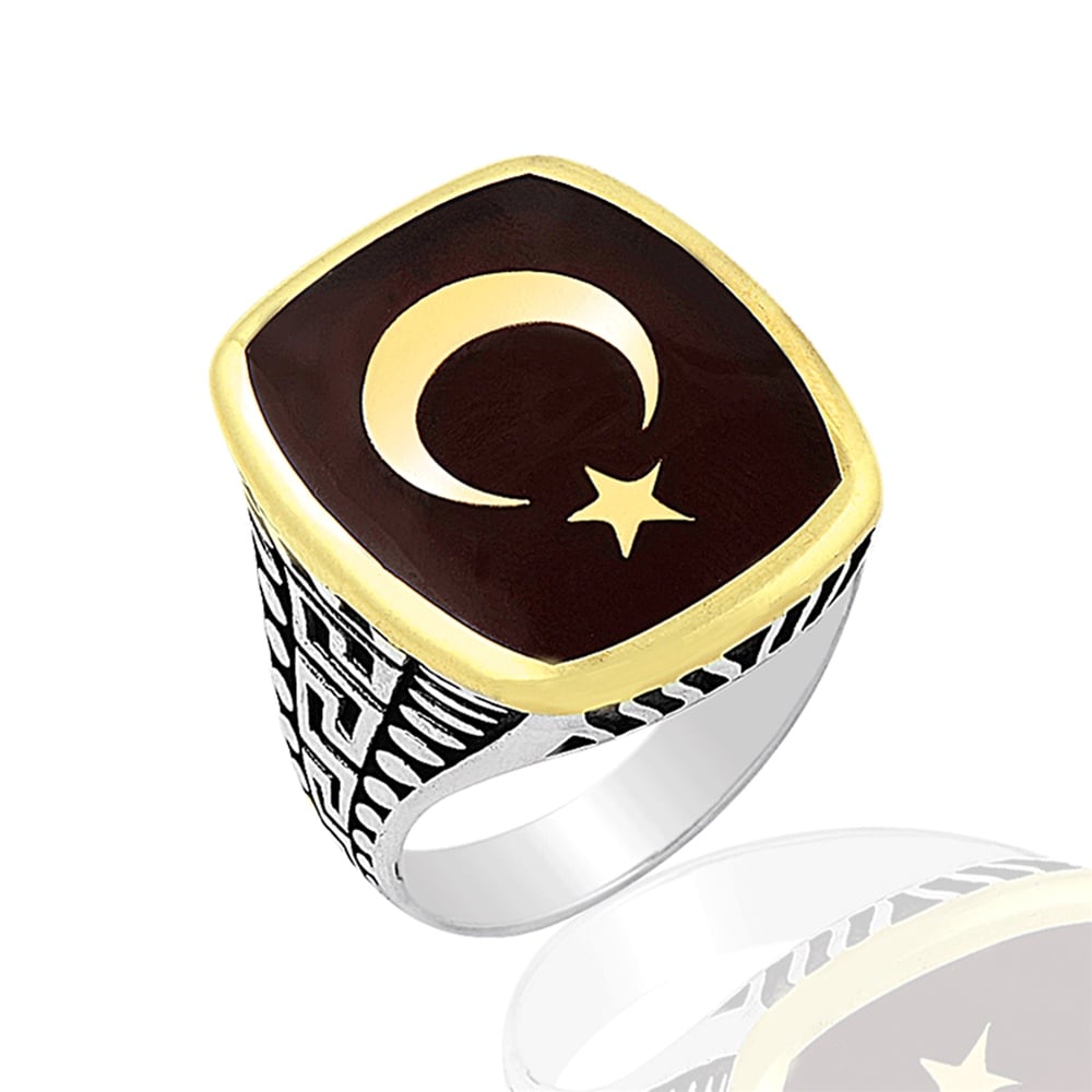 Mineli Ay Yıldız Motifli Gümüş Erkek Yüzük