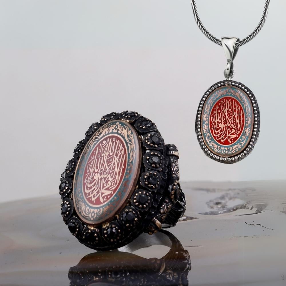 Motifli Kelime-i Tevhid Gümüş Yüzük & Kolye KombiniYüzük Kolye Kombinleri