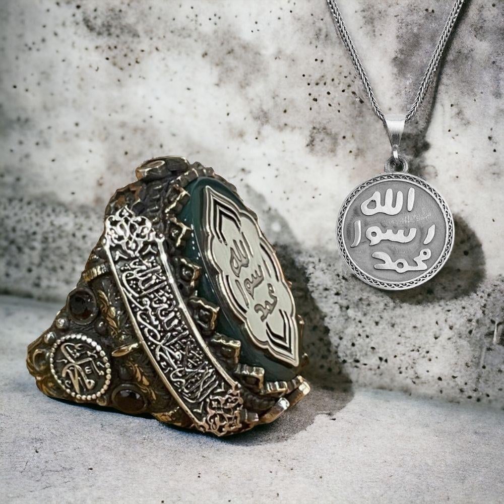 Mührü Şerif İşlemeli Gümüş Yüzük & Kolye Kombini