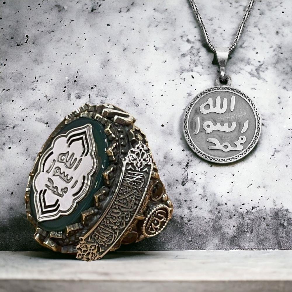 Mührü Şerif İşlemeli Gümüş Yüzük & Kolye Kombini