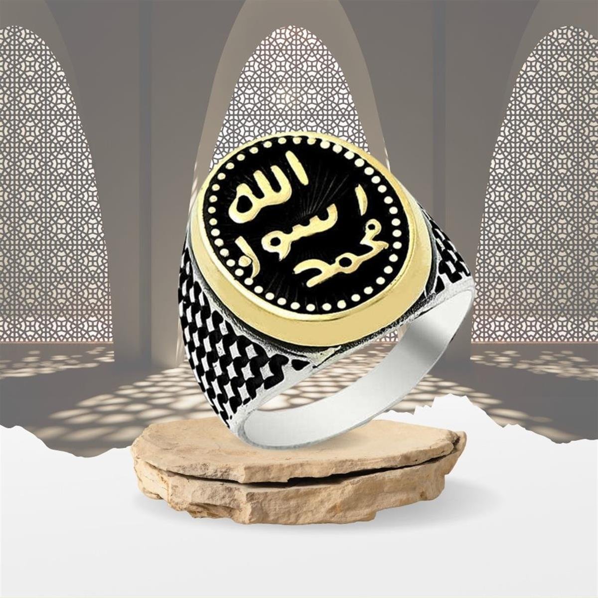 Mührü Şerif Motifli Hasır Desenli Gümüş Erkek Yüzük