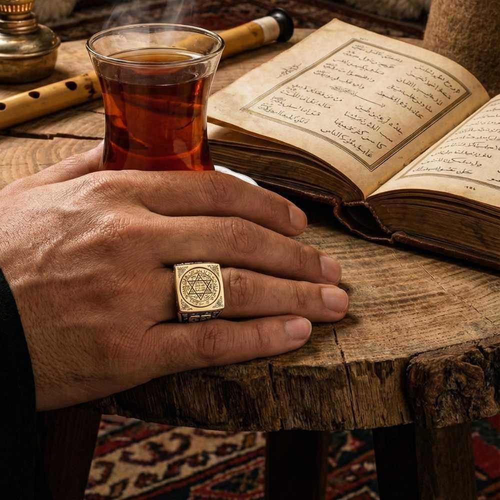 Mührü Süleyman İşlemeli Kenarları Ebced Hesabı Gümüş YüzükSüleyman Mührü Yüzükler