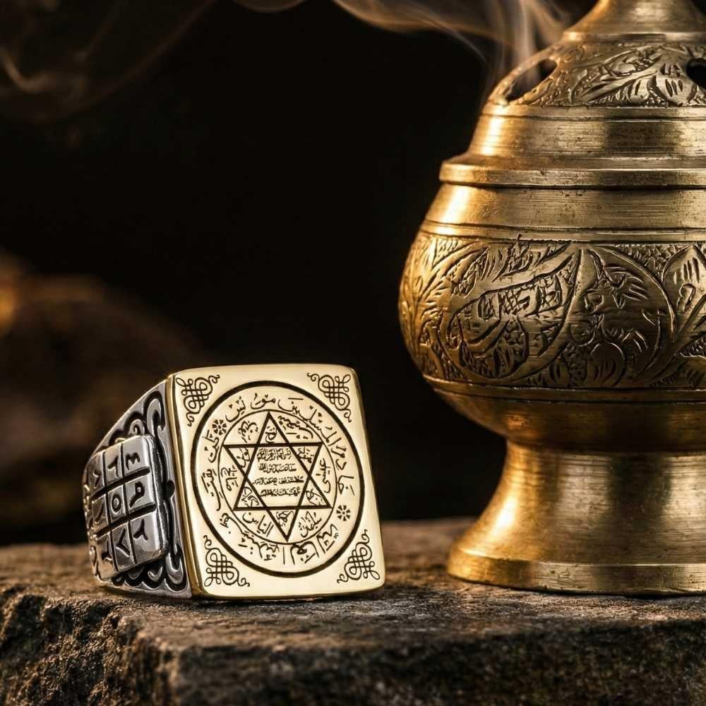 Mührü Süleyman İşlemeli Kenarları Ebced Hesabı Gümüş YüzükSüleyman Mührü Yüzükler