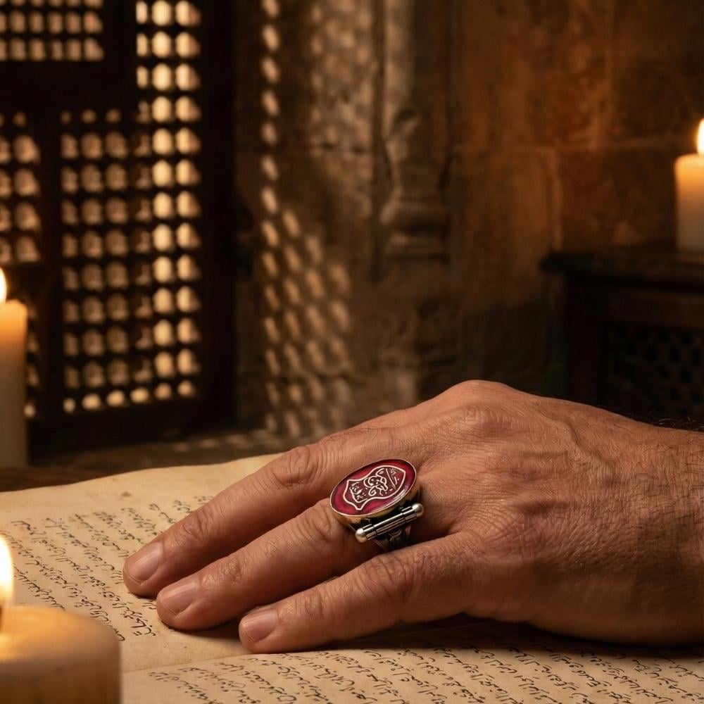Nal-i Şerif Sembollü Kırmızı Mineli Gümüş Erkek YüzükNali Şerif Yüzük