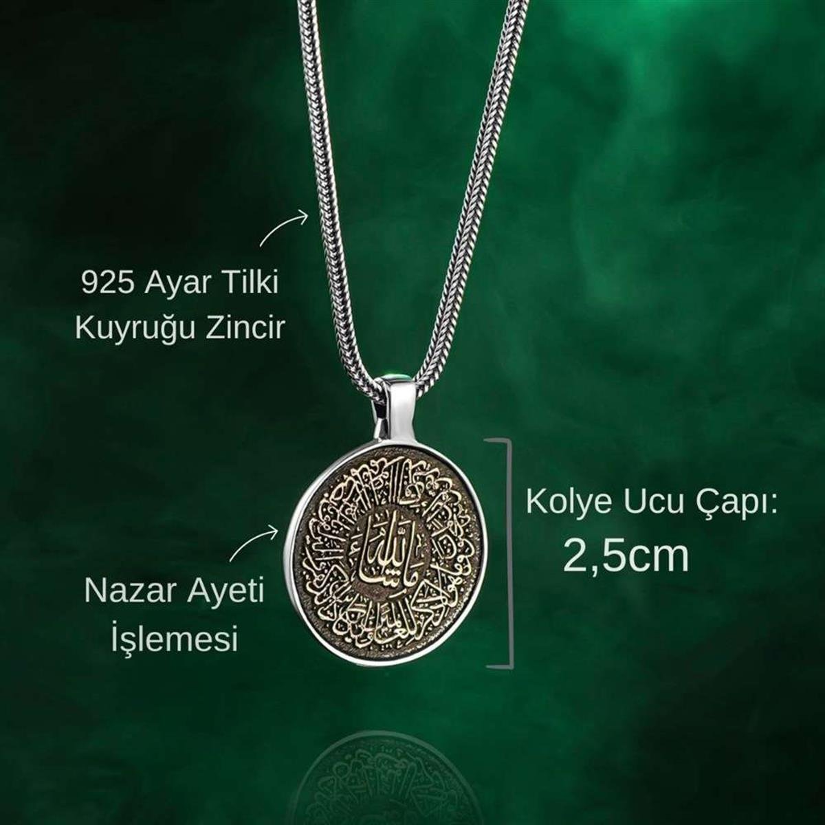 Nazar Ayeti İşlemeli 925 Ayar Gümüş Kolye