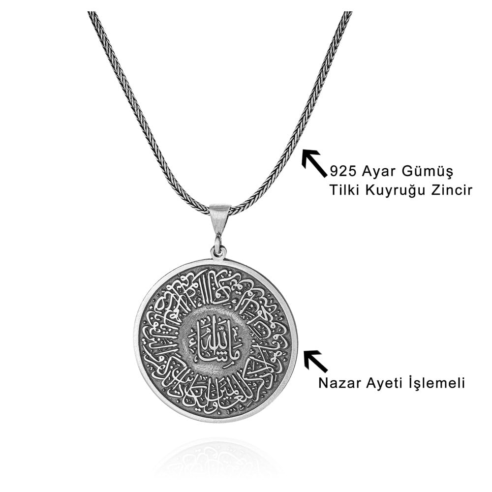 Nazar Ayeti İşlemeli Gümüş Kolye