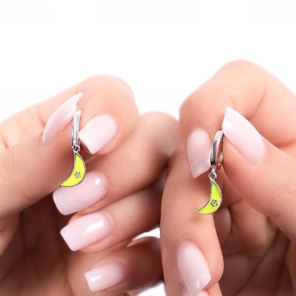 Neon Mineli Hilal Model Gümüş Küpe