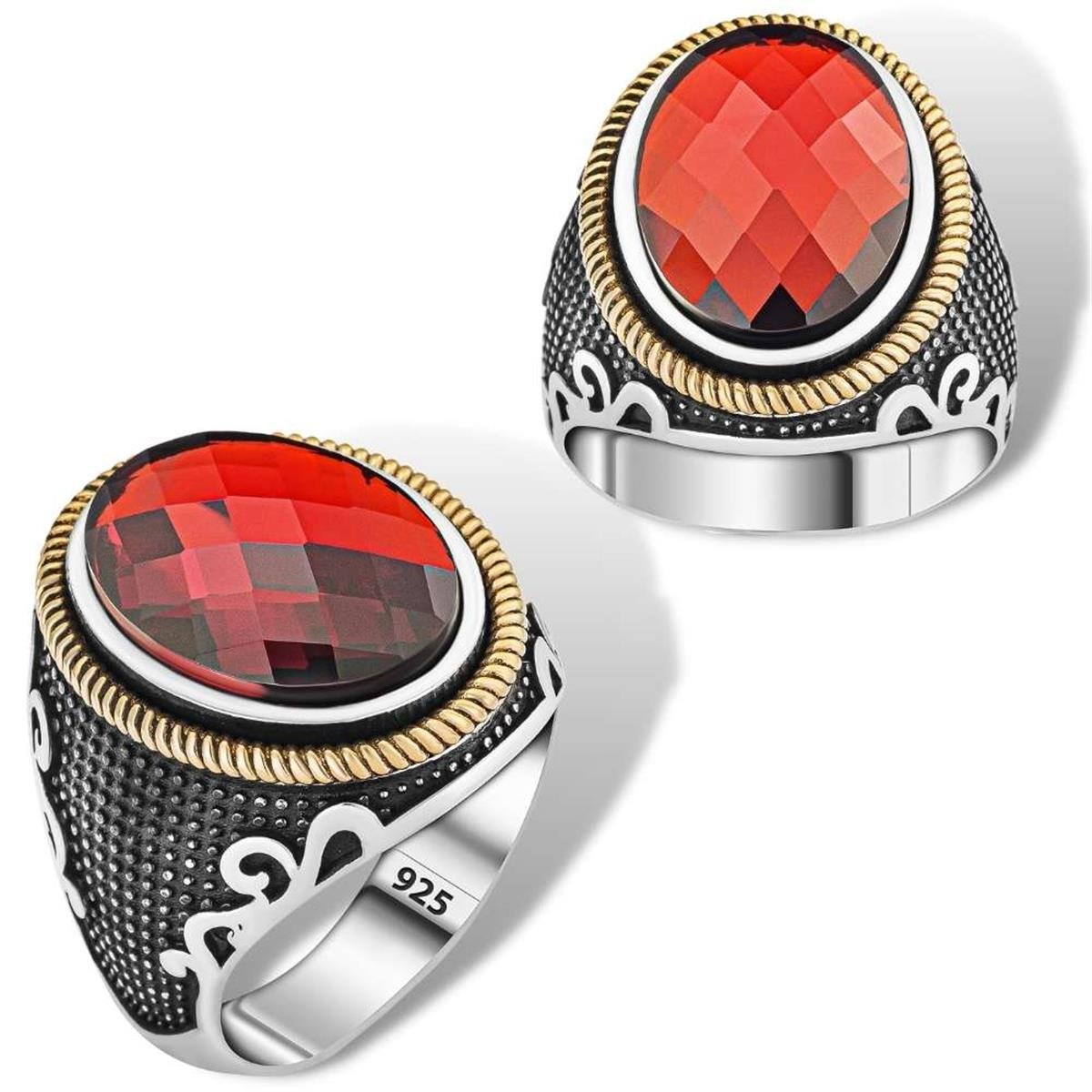 Nokta Desenli Kırmızı Zirkon Taşlı Gümüş Erkek Yüzük