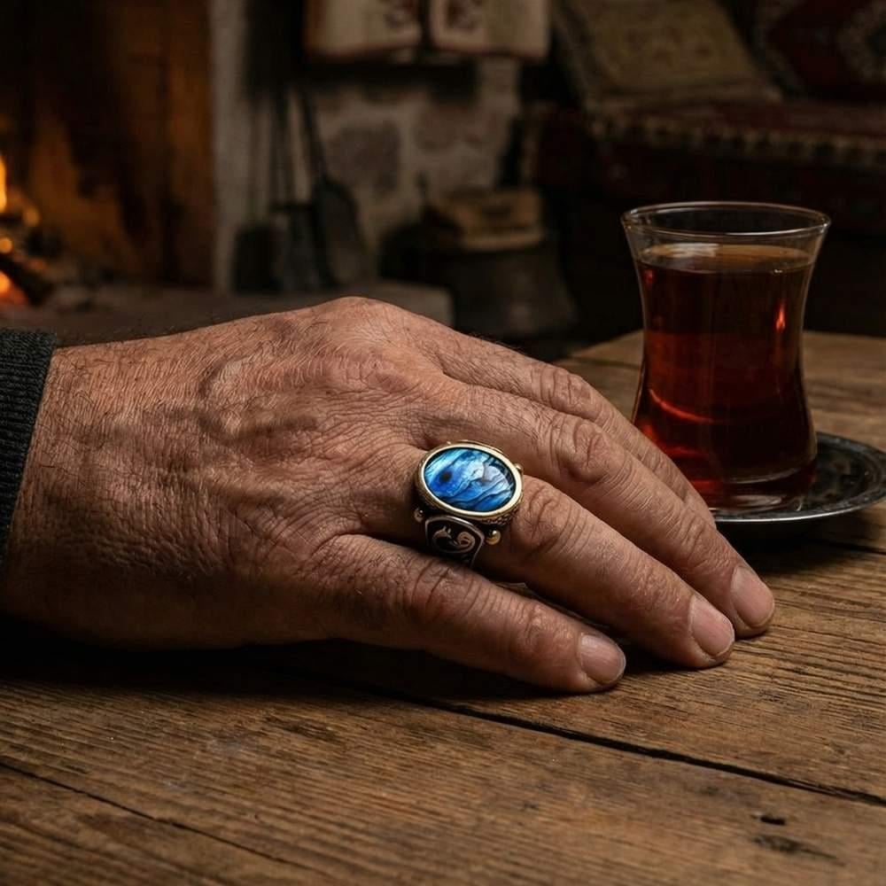 Okyanus Sedef Taşlı Vav Desenli Gümüş Erkek YüzükAlep Waw Ring