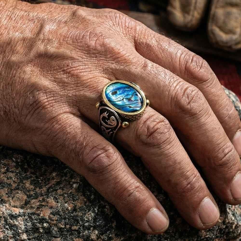 Okyanus Sedef Taşlı Vav Desenli Gümüş Erkek YüzükAlep Waw Ring