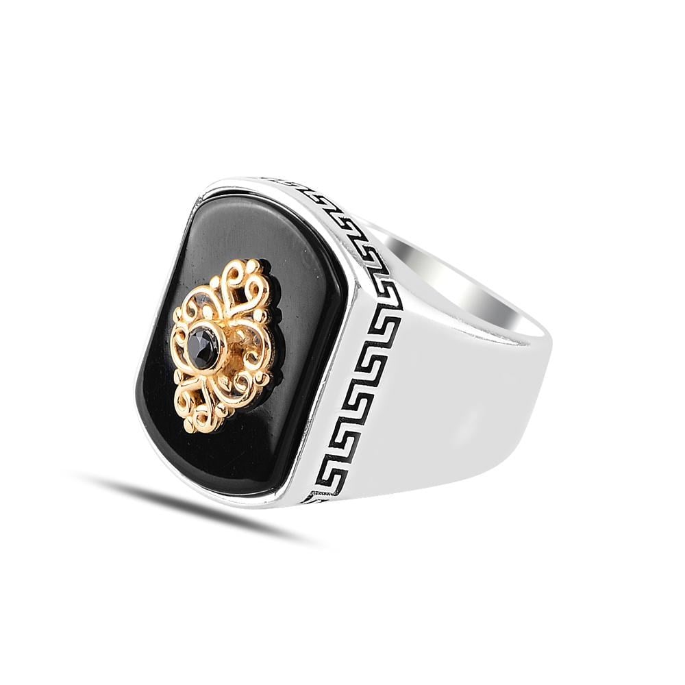 Oniks Taş Üzeri İşleme Model Gümüş Yüzük