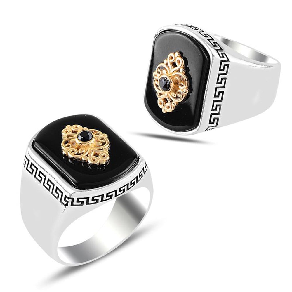 Oniks Taş Üzeri İşleme Model Gümüş Yüzük