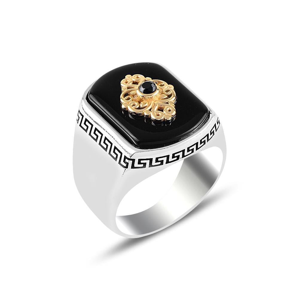 Oniks Taş Üzeri İşleme Model Gümüş Yüzük