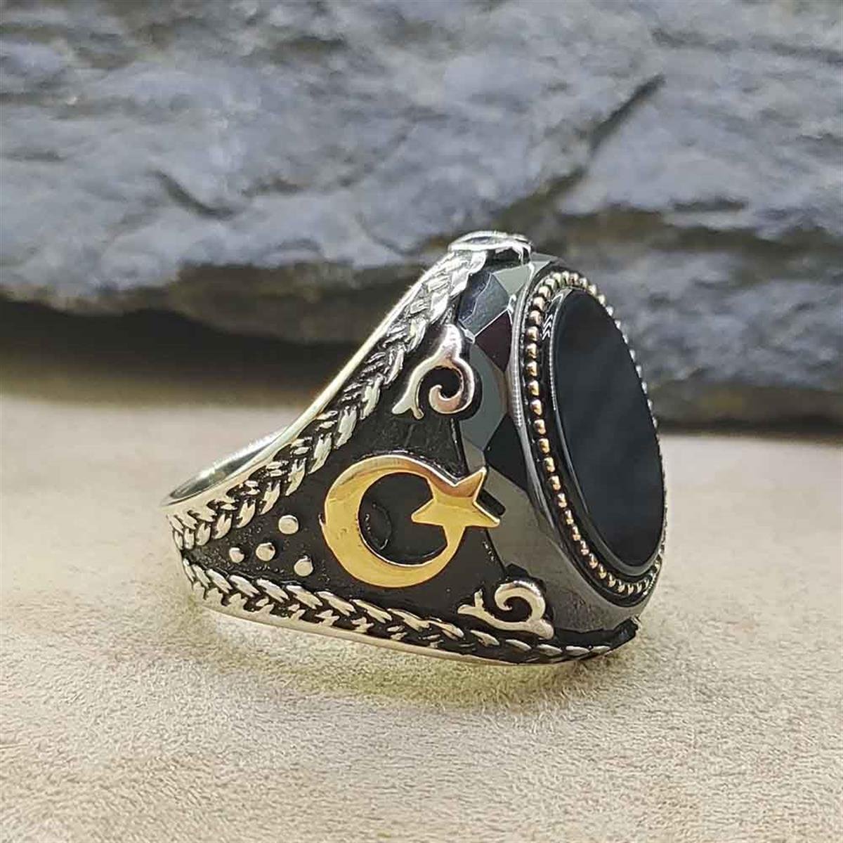 Oniks Taşlı Ay Yıldız Erkek Gümüş Yüzük