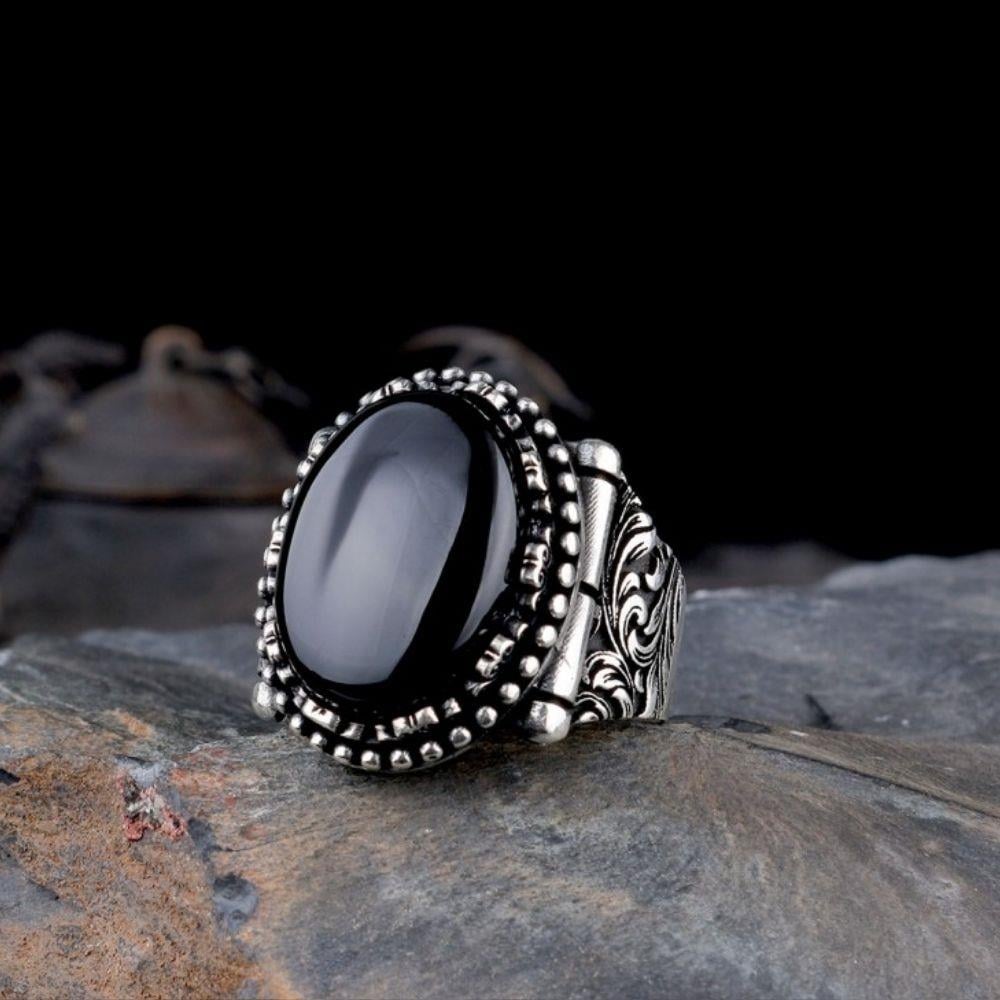 Oniks Taşlı Gümüş Oval Model Erkek YüzükOnyx Stone Ring