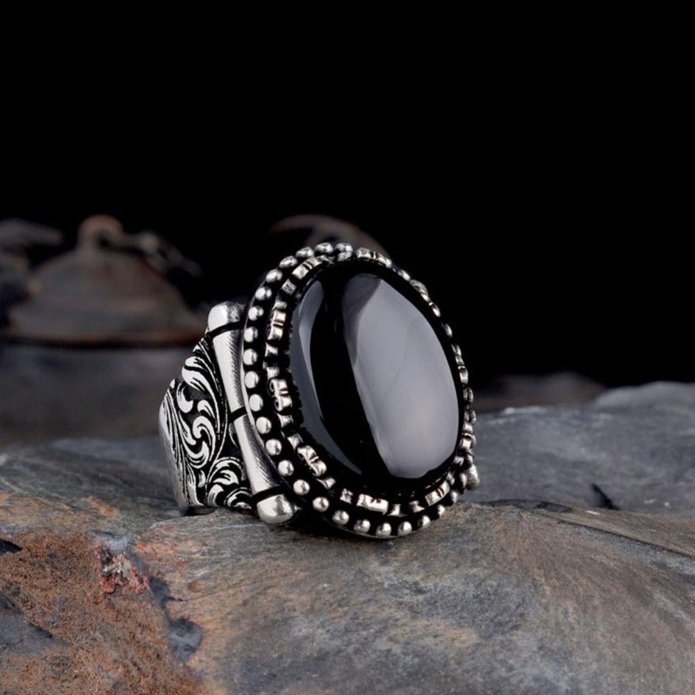 Oniks Taşlı Gümüş Oval Model Erkek YüzükOnyx Stone Ring