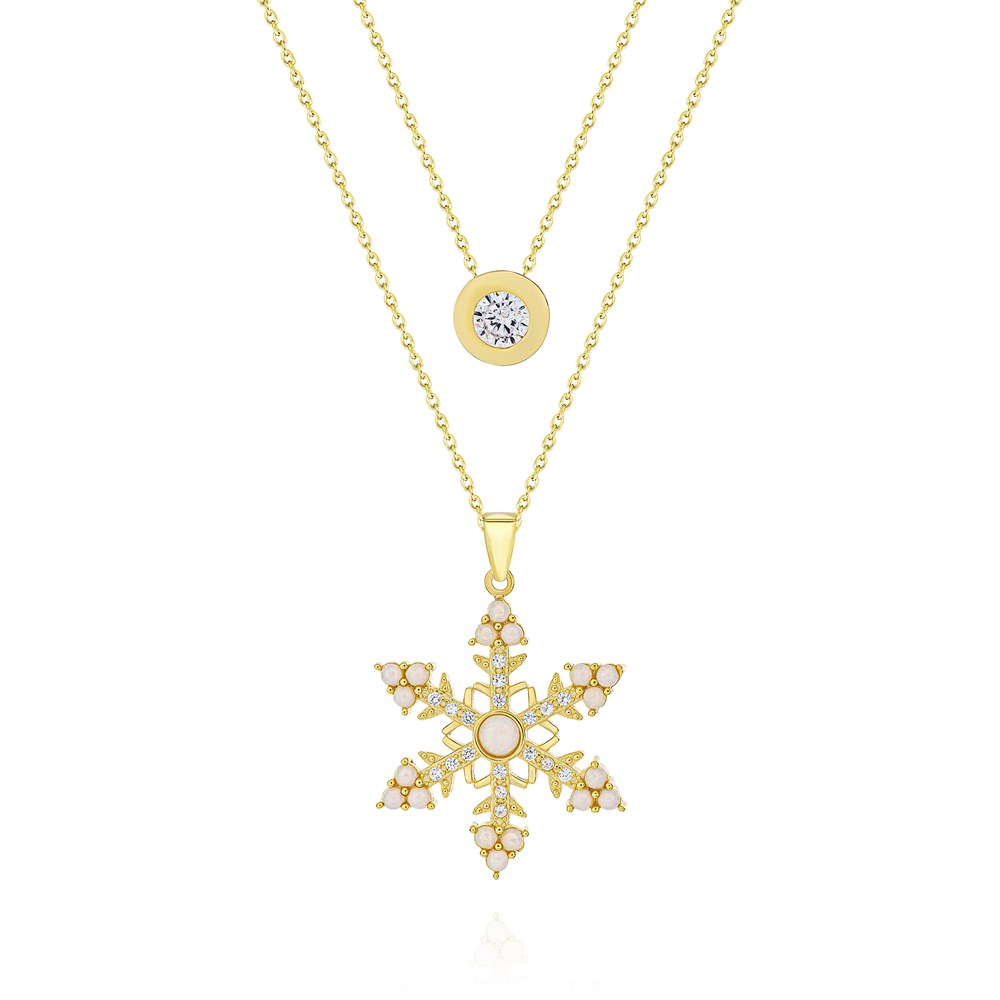 Opal Taşlı Kar Tanesi Zirkon Detaylı Gümüş Kolye Gold