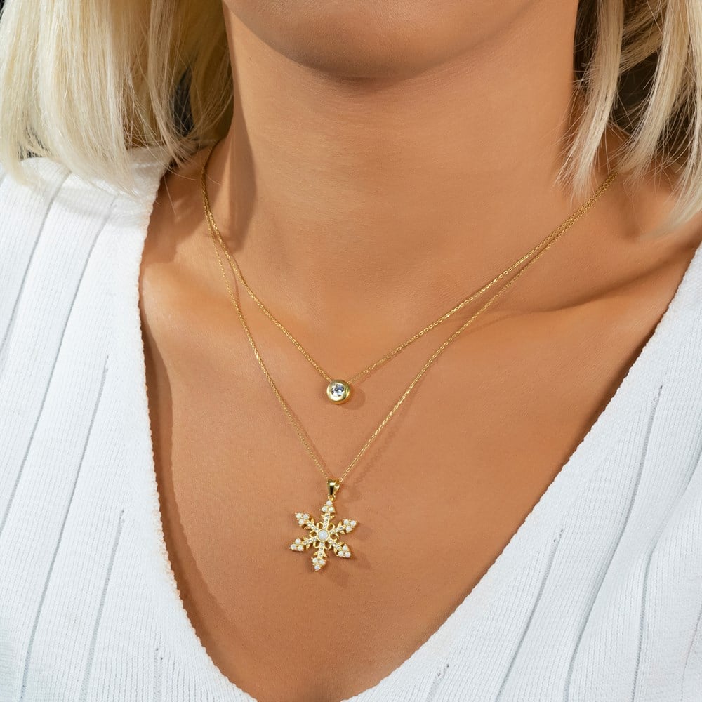 Opal Taşlı Kar Tanesi Zirkon Detaylı Gümüş Kolye Gold