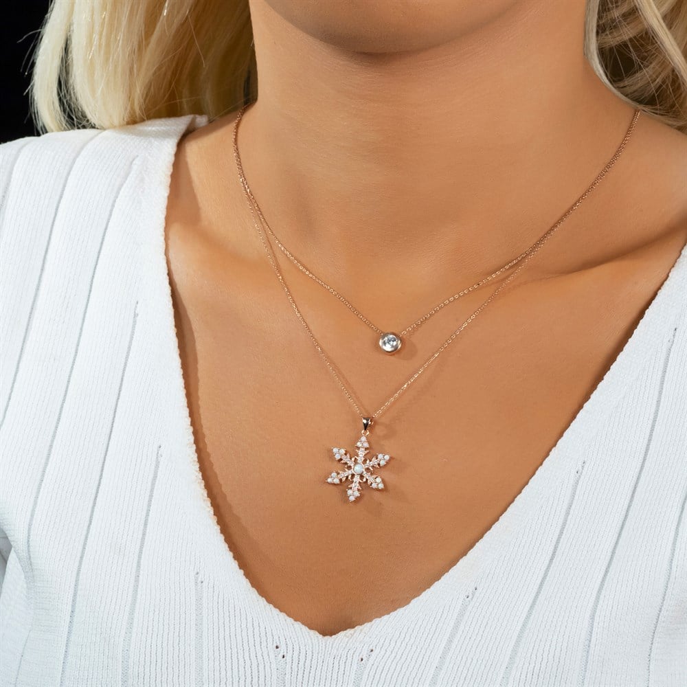 Opal Taşlı Kar Tanesi Zirkon Detaylı Gümüş Kolye Rose