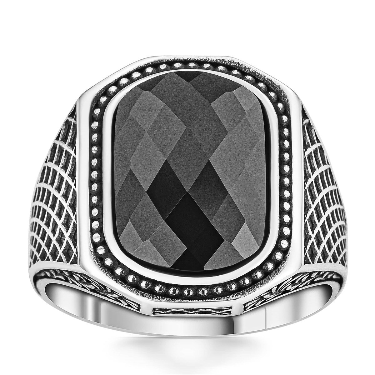 Örgü Desen Kesme Siyah Zirkon Taşlı Gümüş Yüzük