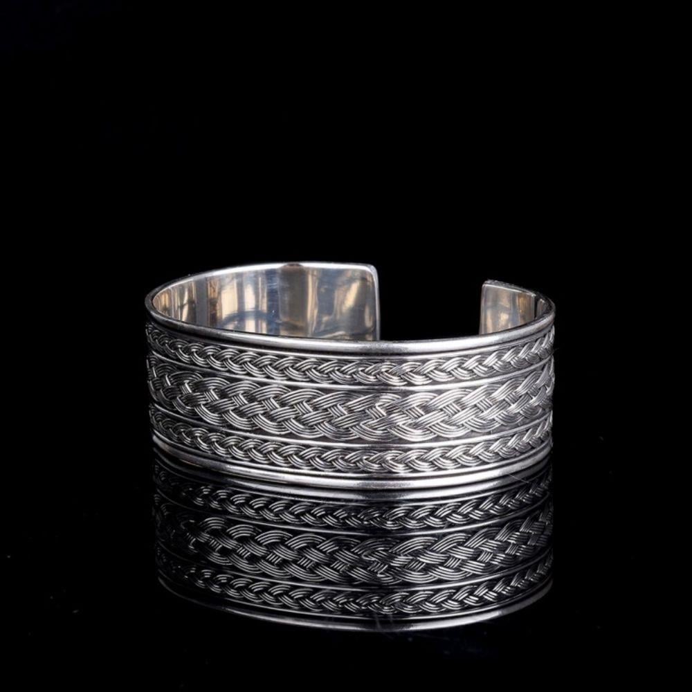 Örgü İşlemeli 22 mm Kelepçe Gümüş Bileklik