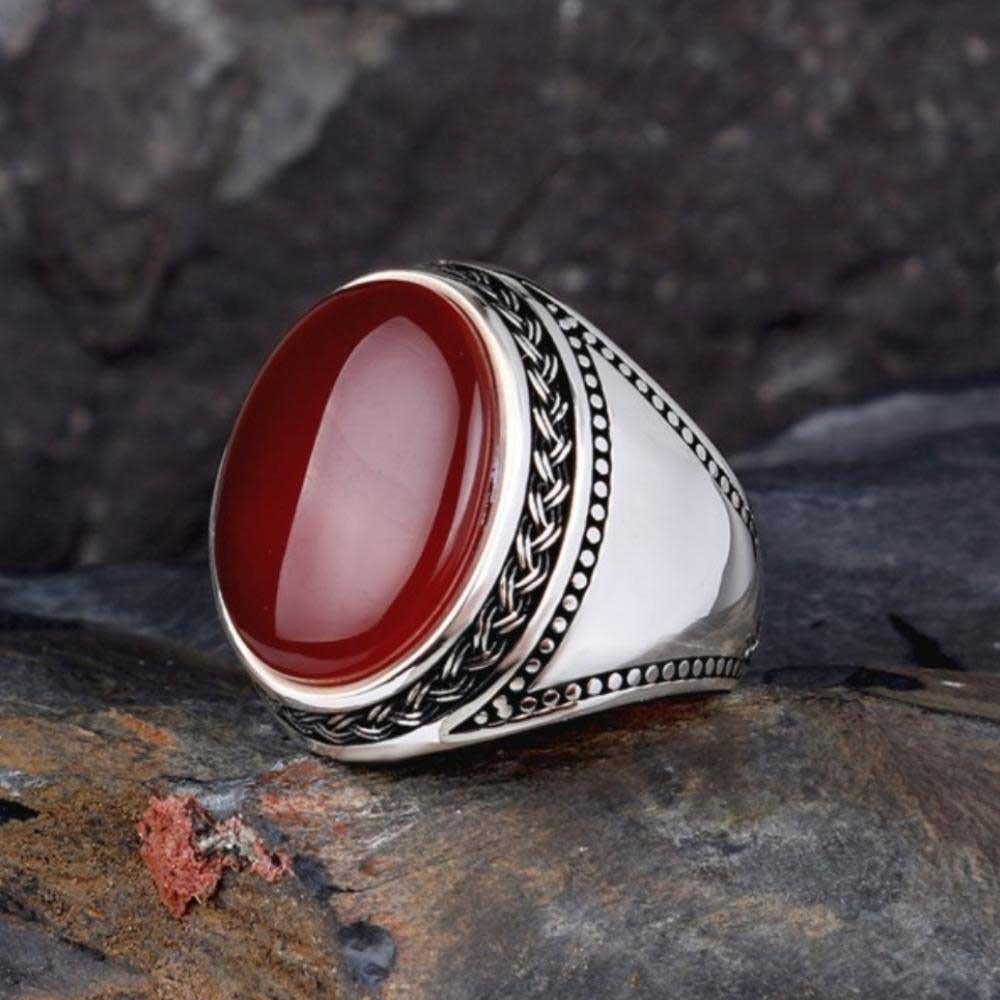 Örgü Model Kırmızı Akik Taşlı Gümüş YüzükAkik Taşlı Yüzükler