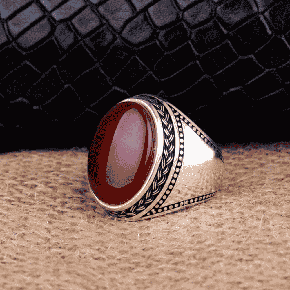 Örgü Model Kırmızı Akik Taşlı Gümüş YüzükAkik Taşlı Yüzükler