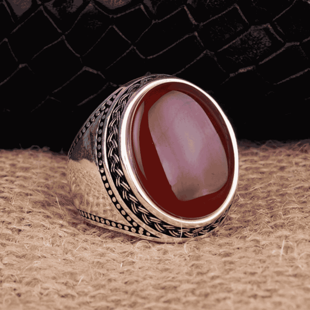 Örgü Model Kırmızı Akik Taşlı Gümüş YüzükAkik Taşlı Yüzükler