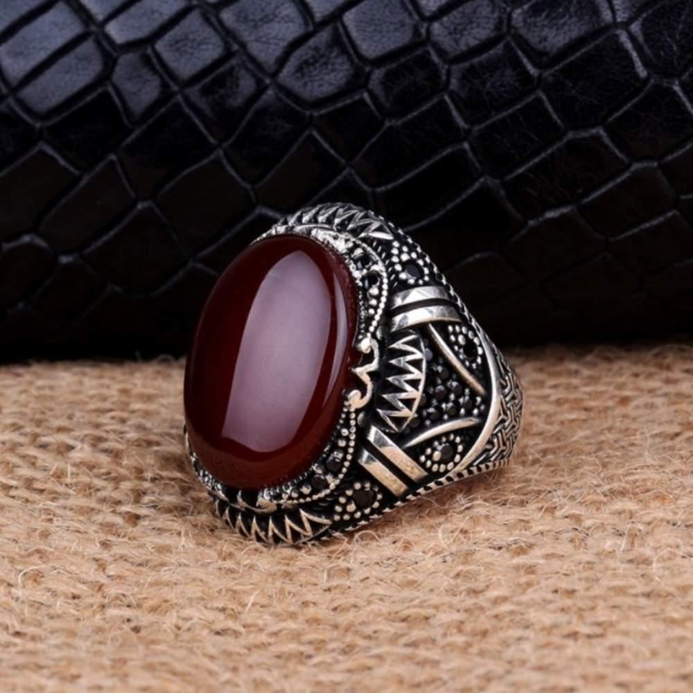 Örgü Motifli Kırmızı Akik Taşlı Gümüş YüzükAkik Taşlı Yüzükler